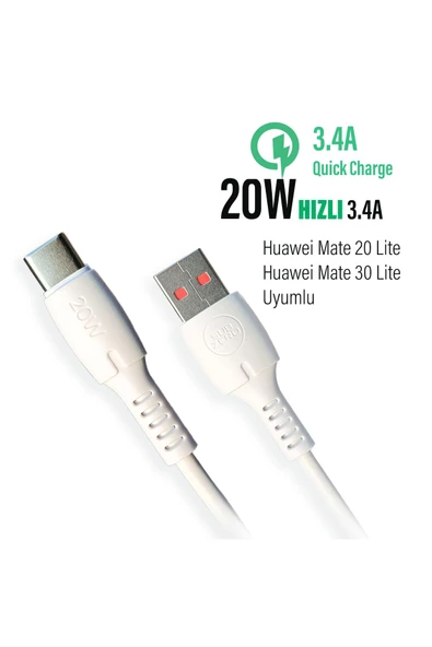 Huawei Mate 20 Lite Mate 30 Lite Uyumlu Şarj Kablosu 20W Hızlı Type-C
