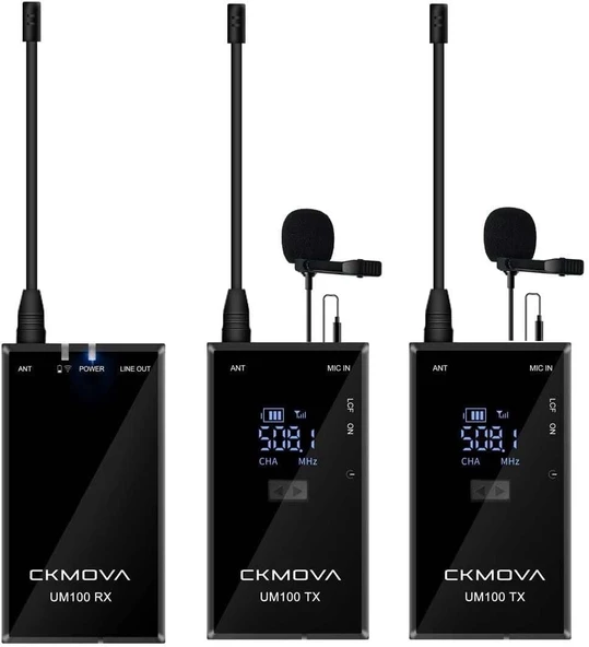 CKMOVA UM100 Kit-2 Ultra Kompakt 3.5mm Çıkışlı 1 Alıcı 2 vericili UHF Kablosuz Yaka Mikrofon Seti