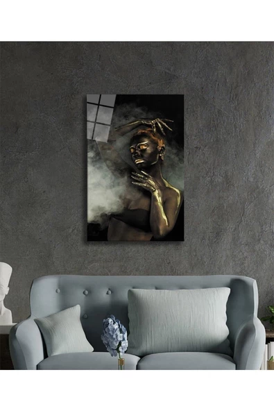 AlpiLeo Siyahi Altın Hatlı Kadın Dumanlı Alp Özel Cam Tablo, Ev Ve Ofis Duvar Dekoru - Resim 2