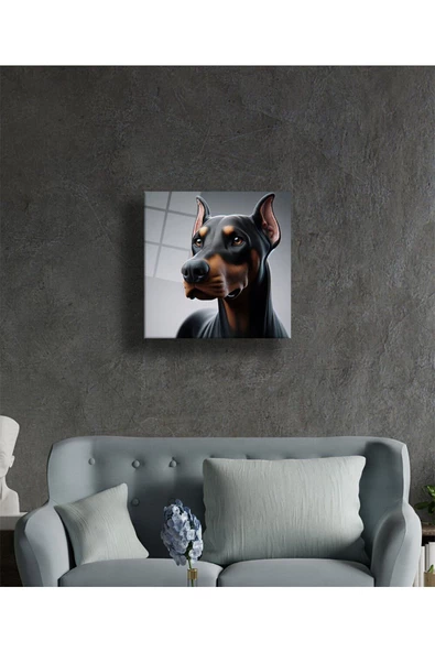 AlpiLeo Asil Bakış Doberman Portresi Alp Özel Cam Tablo Hediyelik Büyük Tablo Ev Ofis Dekoru - Resim 2
