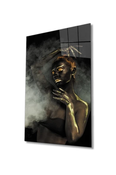 AlpiLeo Siyahi Altın Hatlı Kadın Dumanlı Alp Özel Cam Tablo, Ev Ve Ofis Duvar Dekoru ürün görseli 1