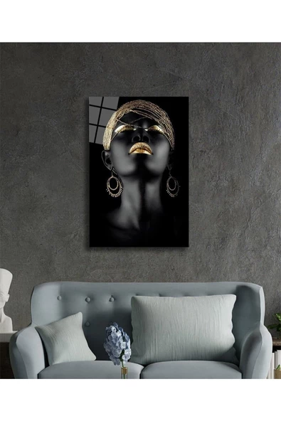 AlpiLeo Altın Saç Dudak Ve Göz Makyajlı Afrikalı Kadın Alp Özel Cam Tablo - Resim 2