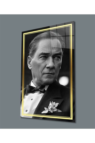 AlpiLeo Gold Şerit Siyah Beyaz Atatürk Yapay Zeka Alp Özel Cam Tablo, Hediyelik