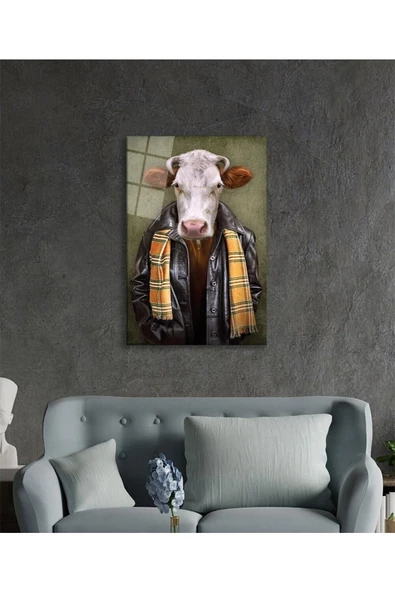 AlpiLeo İnsan Vücutlu Inek Hayvan Portresi Alp Özel Cam Tablo - Resim 3