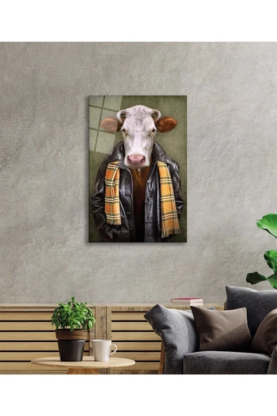 AlpiLeo İnsan Vücutlu Inek Hayvan Portresi Alp Özel Cam Tablo - Resim 2