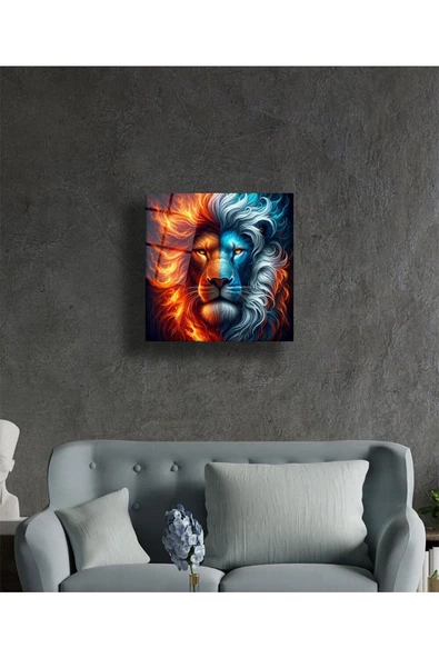 AlpiLeo Ateş Ve Buz Aslanın Iki Yüzü Alp Özel Cam Tablo, Ev Ofis Dekoru - Resim 3