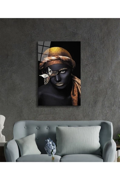 AlpiLeo Siyah Kadın Altın Kelebek Alp Özel Cam Tablo, Ev Ve Ofis Duvar Dekoru - Resim 2