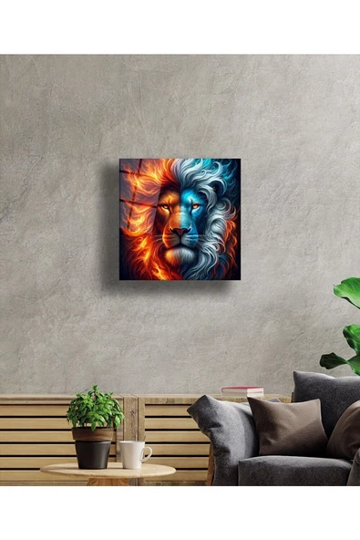 AlpiLeo Ateş Ve Buz Aslanın Iki Yüzü Alp Özel Cam Tablo, Ev Ofis Dekoru - Resim 2
