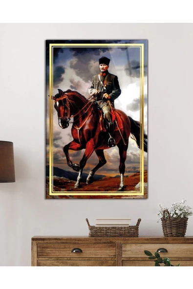 AlpiLeo Gold Şerit At Üzerinde Atatürk Alp Özel Cam Tablo - Resim 2