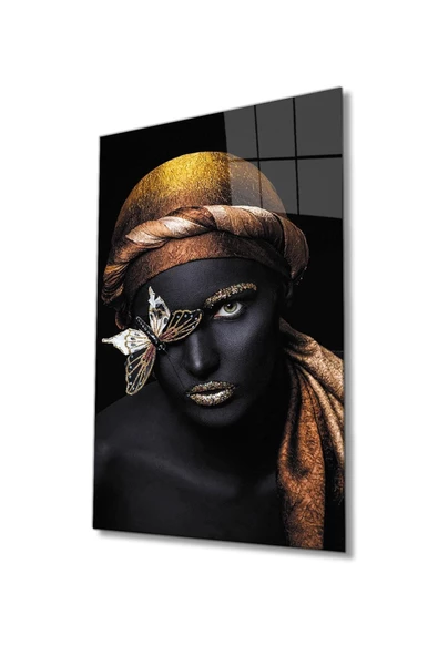 AlpiLeo Siyah Kadın Altın Kelebek Alp Özel Cam Tablo, Ev Ve Ofis Duvar Dekoru ürün görseli 1