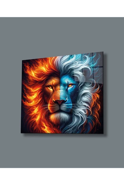 AlpiLeo Ateş Ve Buz Aslanın Iki Yüzü Alp Özel Cam Tablo, Ev Ofis Dekoru ürün görseli 1