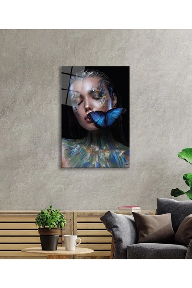 AlpiLeo Renkli Kadın Ve Kelebek Alp Özel Cam Tablo - Resim 2