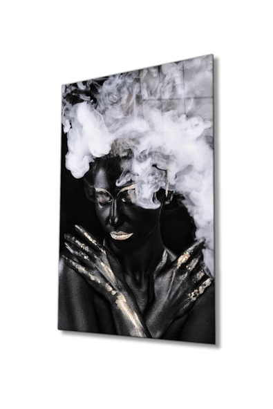 AlpiLeo Siyahi Altın Hatlı Kadın Dumanlı Alp Özel Cam Tablo, Ev Ve Ofis Duvar Dekoru ürün görseli 1