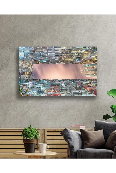 AlpiLeo Renkli Balkonlu Geometrik Bina Alp Özel Cam Tablo, Ev Ve Ofis Duvar Dekoru - Resim 2