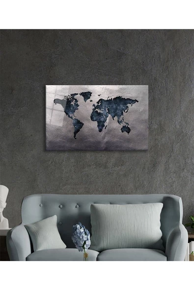 AlpiLeo Gri Eskitme Dünya Haritası Alp Özel Cam Tablo, Ev Ve Ofis Duvar Dekoru - Resim 3