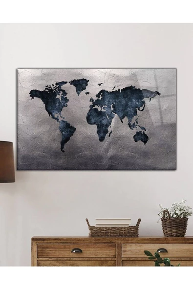 AlpiLeo Gri Eskitme Dünya Haritası Alp Özel Cam Tablo, Ev Ve Ofis Duvar Dekoru - Resim 2