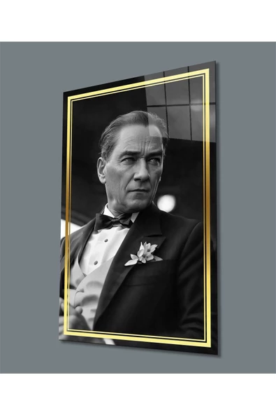 AlpiLeo Gold Şerit Siyah Beyaz Yapay Zeka Atatürk Alp Özel Cam Tablo, Uv Baskılı Ve Temperli, Hediyelik ürün görseli 1