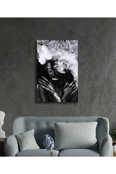 AlpiLeo Siyahi Altın Hatlı Kadın Dumanlı Alp Özel Cam Tablo, Ev Ve Ofis Duvar Dekoru - Resim 2