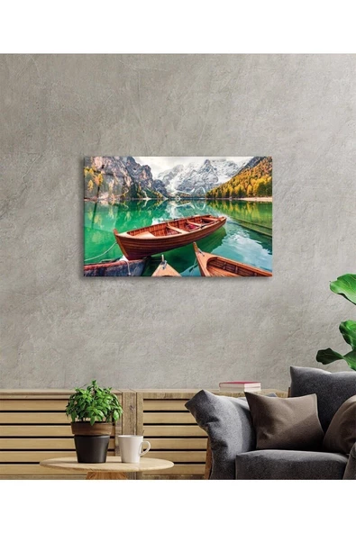 AlpiLeo Kayık Ve Göl Manzara Doğa Alp Özel Cam Tablo, Ev Ve Ofis Duvar Dekoru - Resim 2