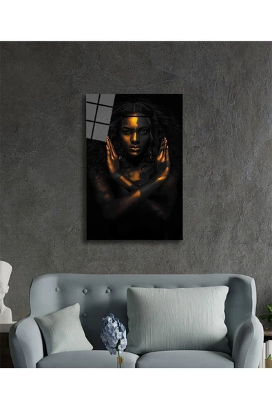 AlpiLeo Altın Ve Siyah Renkte Afrikalı Kadın Alp Özel Cam Tablo, Ev Ve Ofis Duvar Dekoru - Resim 2