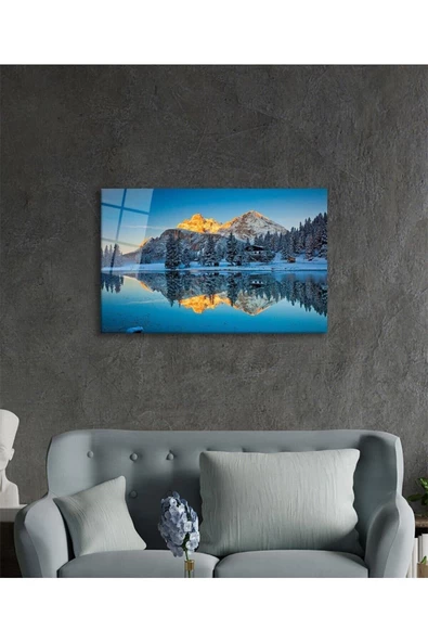 AlpiLeo Mavi Dağ Yansıma Manzarası Alp Özel Cam Tablo, Ev Ve Ofis Duvar Dekoru - Resim 3
