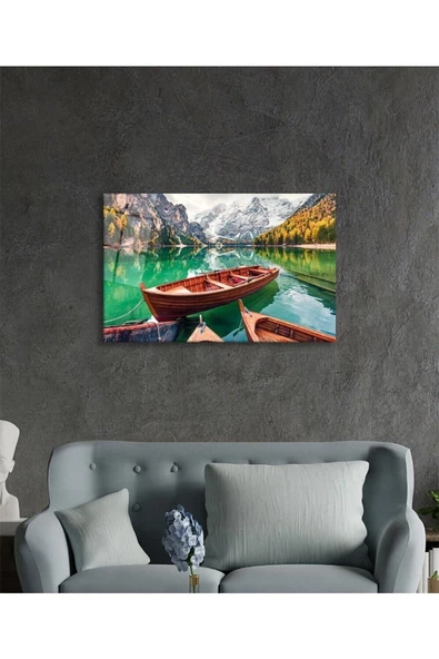 AlpiLeo Kayık Ve Göl Manzara Doğa Alp Özel Cam Tablo, Ev Ve Ofis Duvar Dekoru - Resim 3
