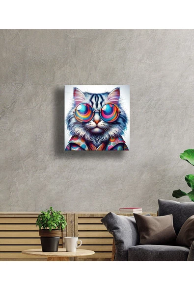 AlpiLeo Hipster Kedi Renkli Bakış Alp Özel Cam Tablo Hediyelik Büyük Tablo Ev Ofis Dekoru ürün görseli 1