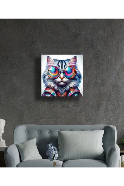 AlpiLeo Hipster Kedi Renkli Bakış Alp Özel Cam Tablo Hediyelik Büyük Tablo Ev Ofis Dekoru - Resim 2
