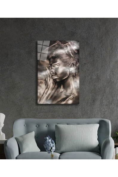 AlpiLeo Siyahi Altın Hatlı Kadın Dumanlı Alp Özel Cam Tablo, Ev Ve Ofis Duvar Dekoru - Resim 2