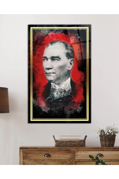 AlpiLeo Gold Şerit Kırmızı Siyah Fonlu Atatürk Alp Özel Cam Tablo, Uv Baskılı Ve Temperli - Resim 2