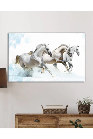 AlpiLeo Beyaz Atlar Hayvanlar Alp Özel Cam Tablo, Ev Ve Ofis Duvar Dekoru - Resim 2