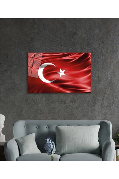 AlpiLeo Kırmızı Dalgalı Türk Bayrağı Alp Özel Cam Tablo, Ev Ve Ofis Duvar Dekoru - Resim 3