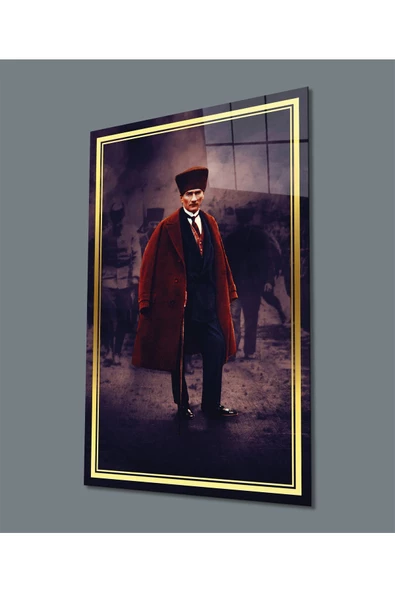 AlpiLeo Gold Şerit Pardesülü Atatürk Alp Özel Cam Tablo, Uv Baskılı Ve Temperli, Hediyelik ürün görseli 1