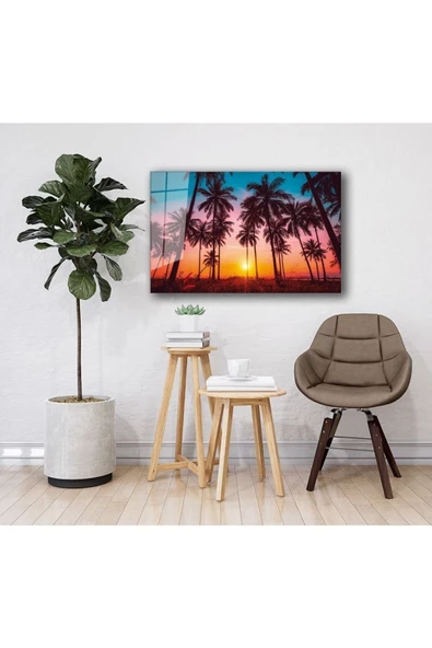 AlpiLeo Günbatımı Manzara Palmiyeler Alp Özel Cam Tablo Ev Ve Ofis Duvar Dekoru - Resim 2