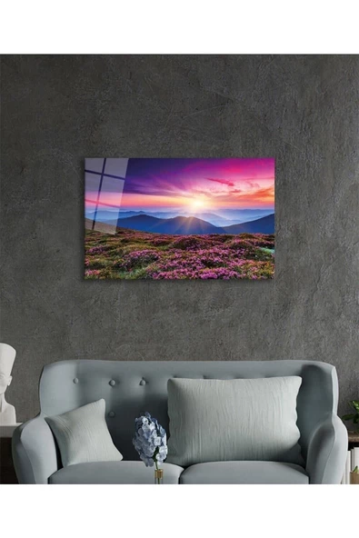 AlpiLeo Pembe Dağ Manzarası Alp Özel Cam Tablo, Ev Ve Ofis Duvar Dekoru - Resim 3