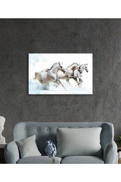 AlpiLeo Beyaz Atlar Hayvanlar Alp Özel Cam Tablo, Ev Ve Ofis Duvar Dekoru - Resim 3