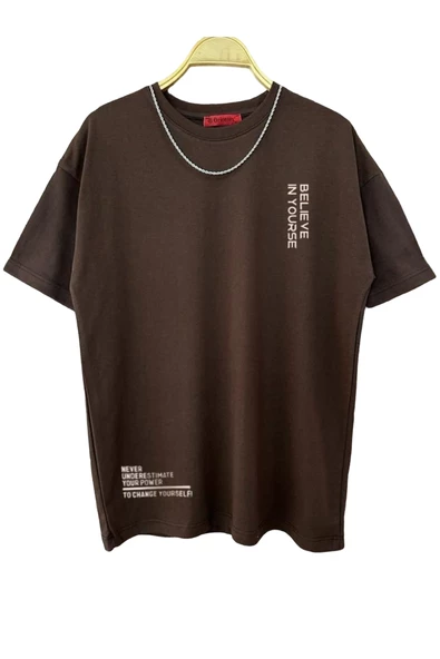 Erkek Believe Baskılı Oversize T-shirt - Resim 4