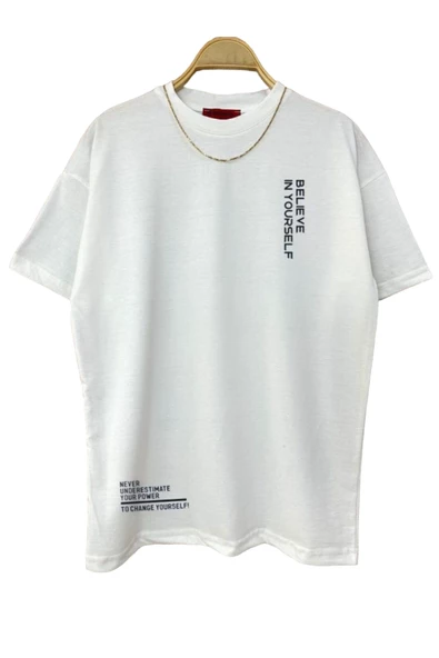 Erkek Believe Baskılı Oversize T-shirt - Resim 3