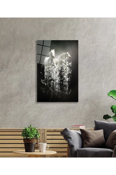 AlpiLeo Beyaz Atlar Hayvan Alp Özel Cam Tablo, Ev Ve Ofis Duvar Dekoru - Resim 2