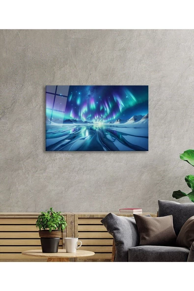 AlpiLeo Kuzey Işıkları Alp Özel Cam Tablo Yapay Zeka Hediyelik Büyük Tablo - Resim 2