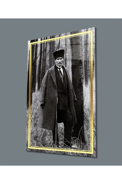 AlpiLeo Gold Şerit Siyah Beyaz Atatürk Alp Özel Cam Tablo, Uv Baskılı Ve Temperli, Hediyelik