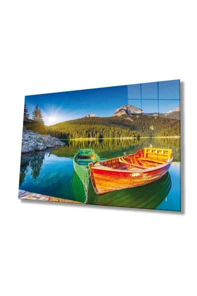 AlpiLeo Manzara Kayık Göl Ve Dağ Alp Özel Cam Tablo Ev Ve Ofis Duvar Dekoru ürün görseli 1
