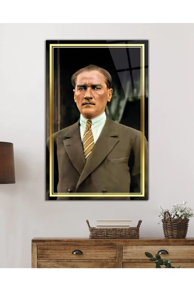 AlpiLeo Gold Şerit Takım Elbiseli Atatürk Alp Özel Cam Tablo, Uv Baskılı Ve Temperli, Hediyelik - Resim 2