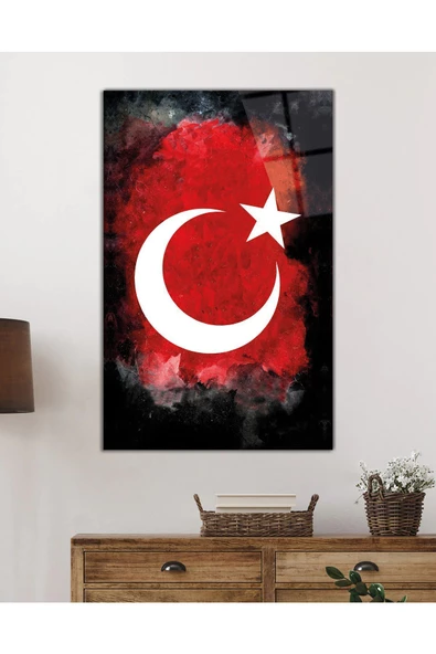 AlpiLeo Siyah Ve Kırmızı Fonlu Ay Yıldız Alp Özel Cam Tablo, Uv Baskılı Ve Temperli - Resim 2