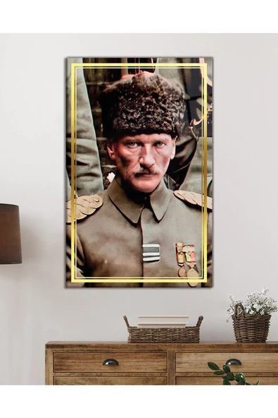 AlpiLeo Gold Şerit Üniformalı Atatürk Alp Özel Cam Tablo, Uv Baskılı Ve Temperli - Resim 2