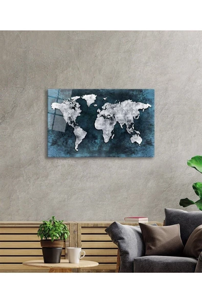 AlpiLeo Gri Eskitme Dünya Haritası Alp Özel Cam Tablo, Ev Ve Ofis Duvar Dekoru - Resim 2