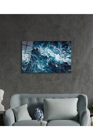 AlpiLeo Mavi Deniz Dalgası Soyut Alp Özel Cam Tablo, Ev Ve Ofis Duvar Dekoru - Resim 3