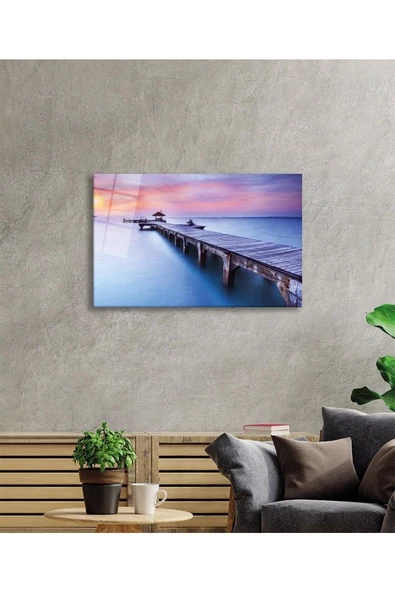 AlpiLeo Gün Batımı Manzarası Ahşap Köprü Alp Özel Cam Tablo, Ev Ve Ofis Duvar Dekoru - Resim 2