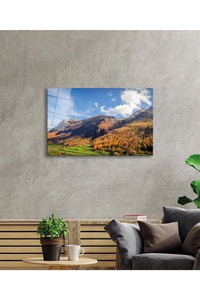 AlpiLeo Yeşil Ağaçlı Dağ Manzarası Ve Gökyüzü Alp Özel Cam Tablo, Ev Ve Ofis Duvar Dekoru - Resim 2