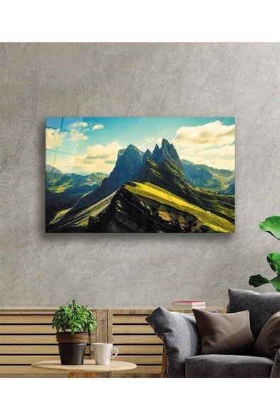 AlpiLeo Dağ Manzara Yeşil Alp Özel Cam Tablo, Ev Ve Ofis Duvar Dekoru Hediyelik Büyük Tablo - Resim 2